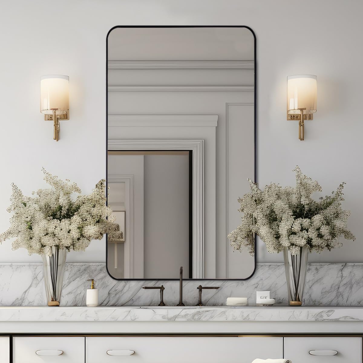 Black Mirrors for Bathroom, 24"x40" Rounded Corner Rectangle Mirror, Modern Metal Frame Bathroom Vanity Mirror for Home Decor Living Room Entryway (Horizontal/Vertical)