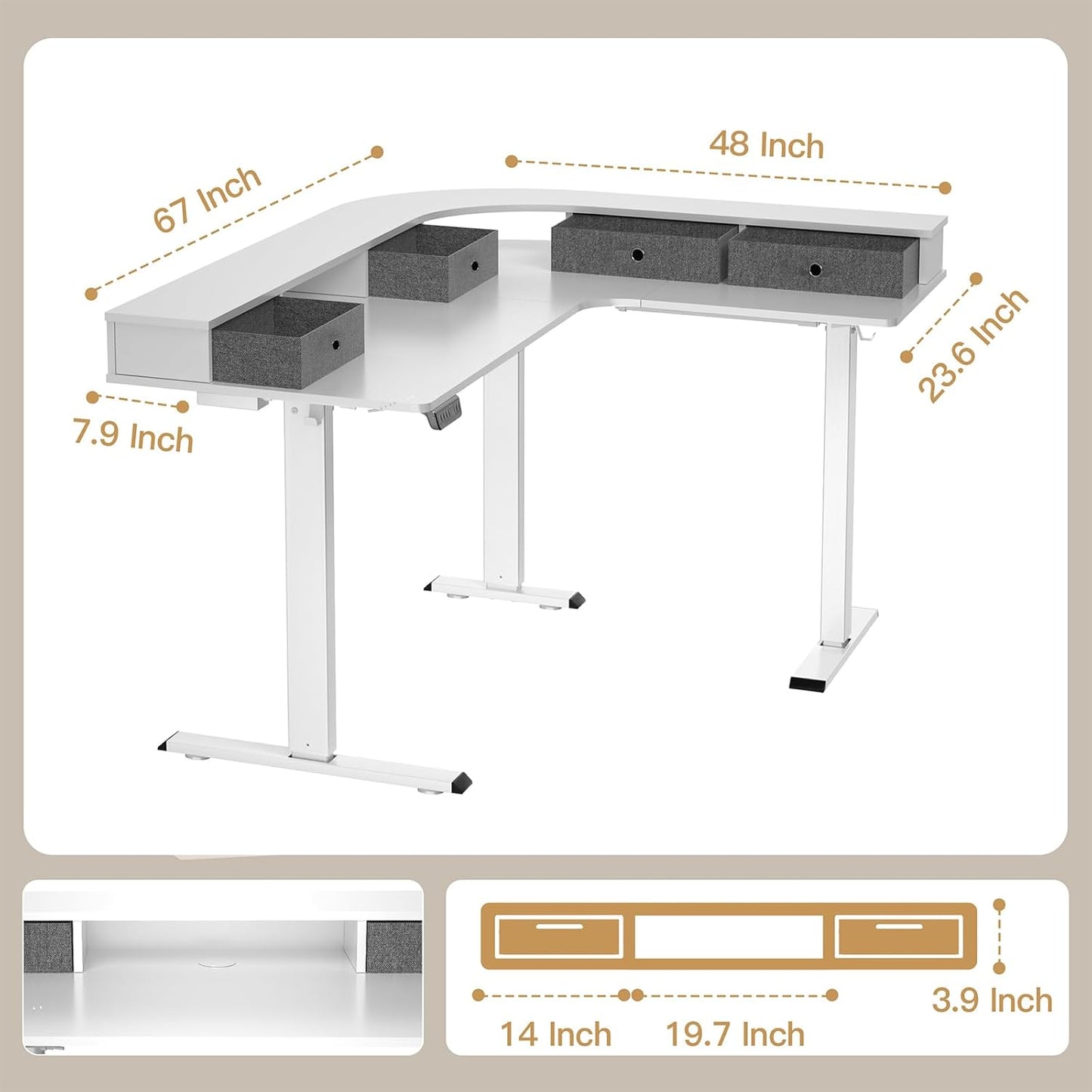 67" L Shaped Standing Desk, Electric Height Adjustable Corner Table with Drawers, Modern Standing Gaming Desk with Monitor Stand for Home Office Entertainment, Snow White