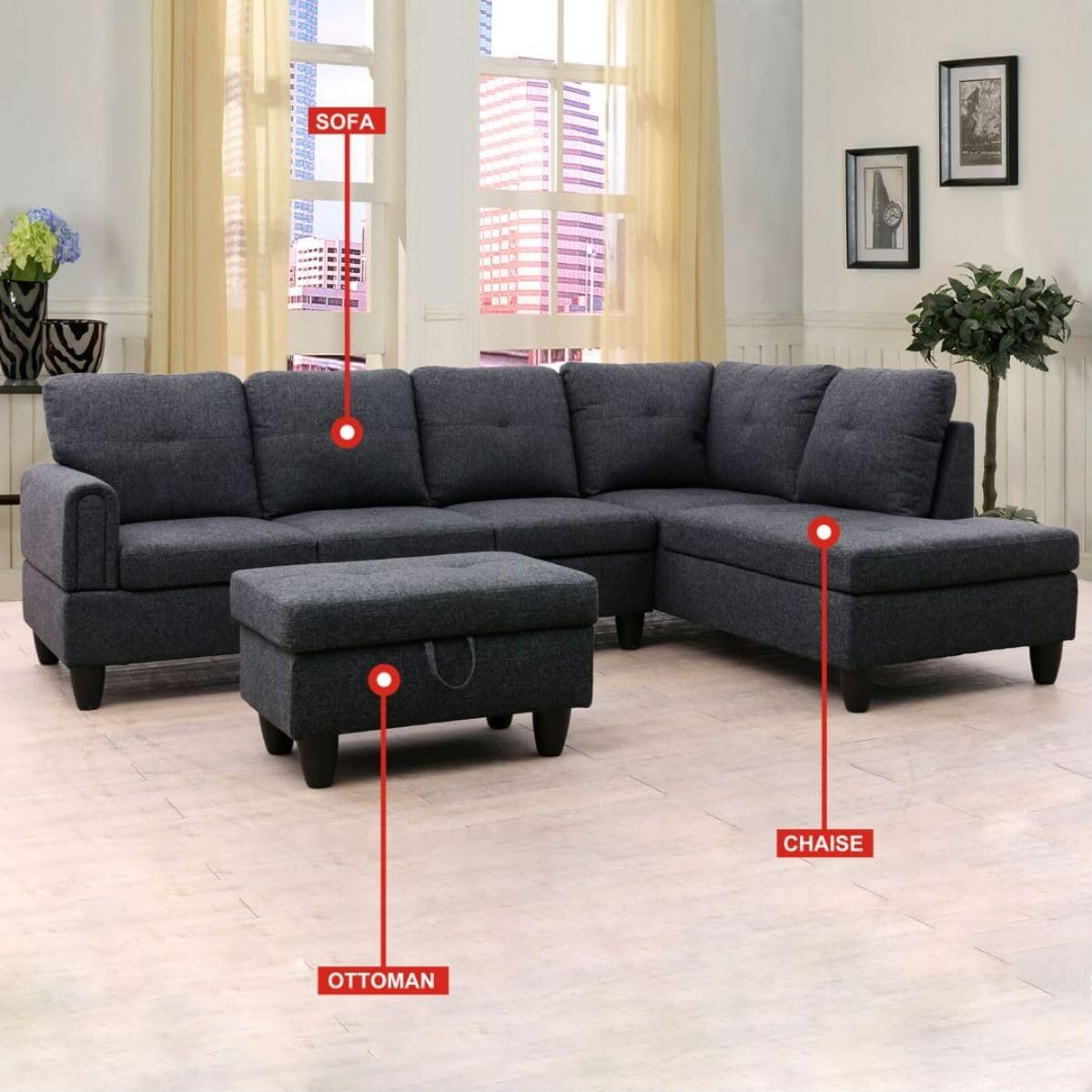 Black Grey L-Shaped 3-Piece Linen Sofa with Storage Ottoman Set, Sectional Couch Sofa Set for Living Room, Office, Small Space