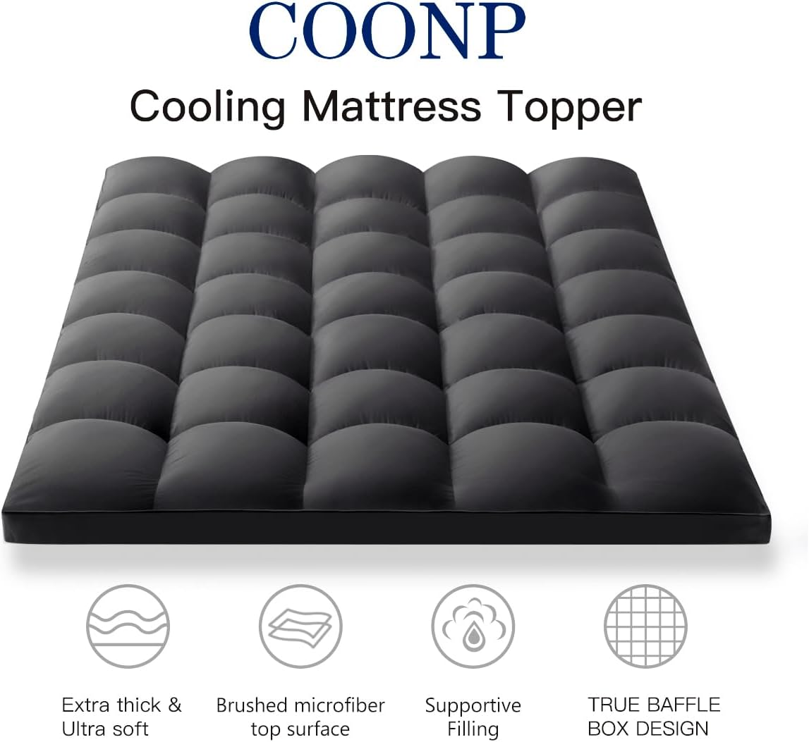 COONP Full Mattress Topper, Extra Thick Pillowtop, Cooling Plush Mattress Pad Cover Bed Topper Protector with 8-21 Inch Deep Pocket (Black, Full)