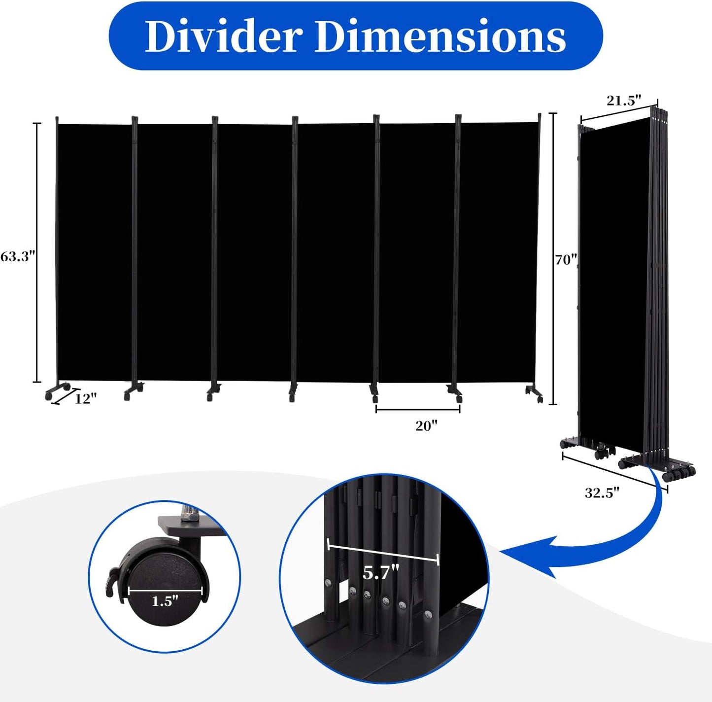 Room Divider 6FT Room Partition with Lockable Wheels, 6 Panel (Thicked Metal Base) Room Dividers, Freestanding Indoor Folding Privacy Screens, Portable Fabric Wall Divider for Room Separation, Black