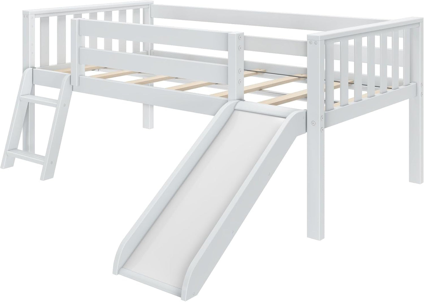 Max & Lily Twin Ultra Low Loft Bed with Slide and Climbing Ladder, Solid Wood Bed for Kids, Space Saving Design for Small Rooms, Twin Size Loft Bed with 14 Inch Guardrails, Anti Slip Steps, White
