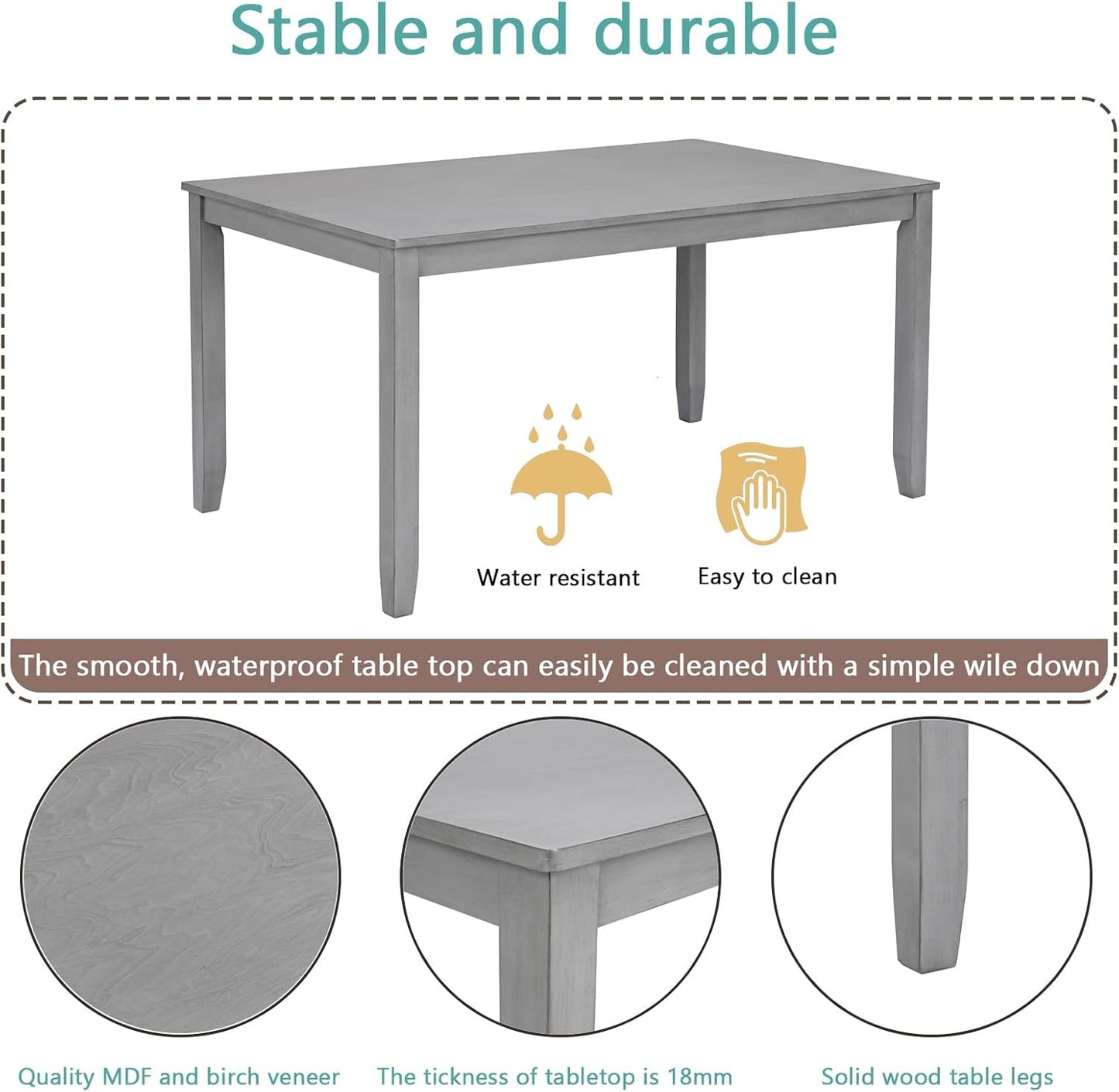 soges 6 Piece Kitchen Dining Table Set, Wooden Dining Table with 4 Upholstered Chairs and a Bench for 6 People, Living Room, Home and Kitchen, Table Chairs Set, Grey