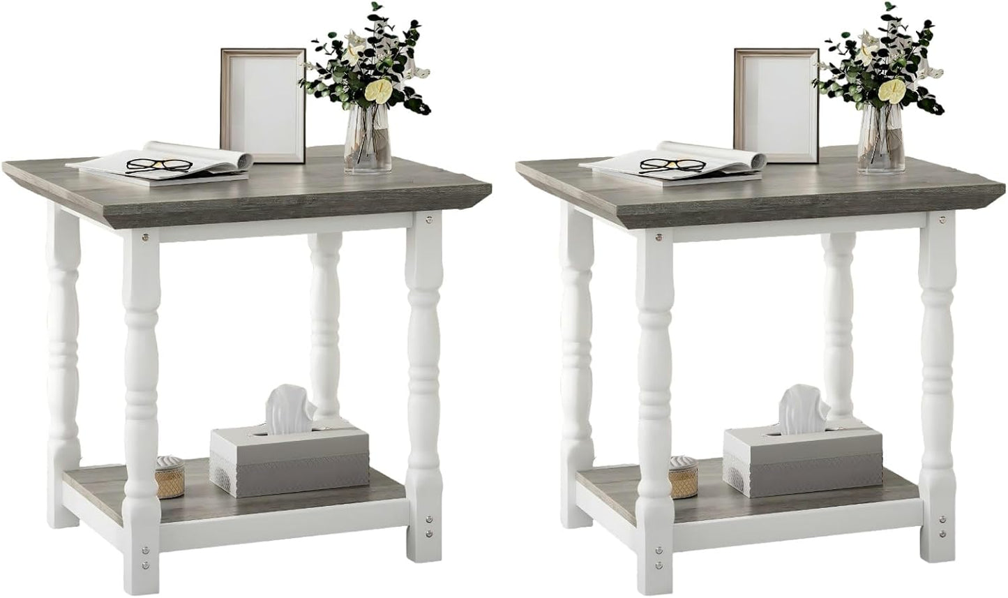 DWVO Farmhouse Square Coffee Table Set of 2, Antique Accent Side Table with Floor Shelf, 23.6"x 23.6" Living Room Furniture, Vintage Ivory & White