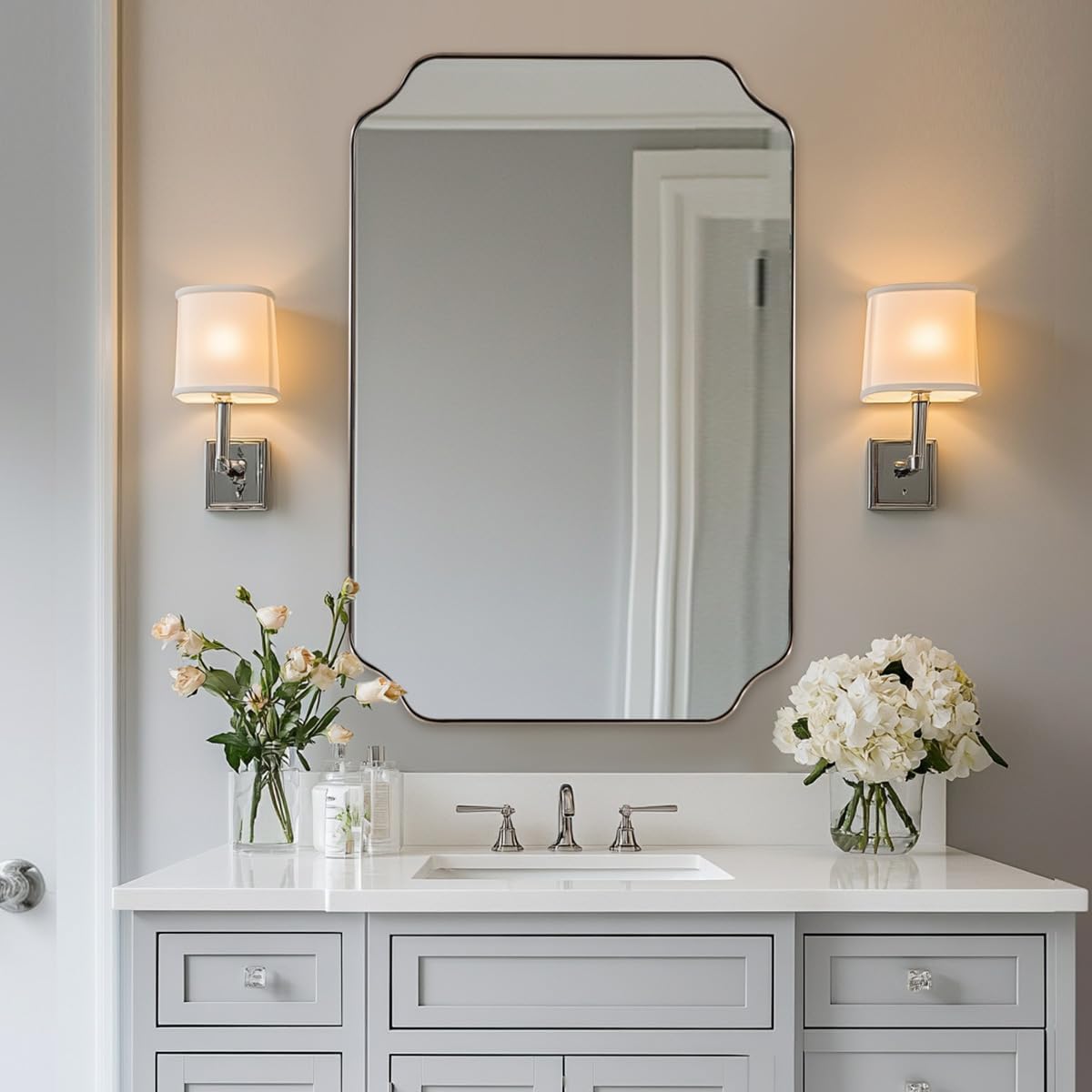 ANDY STAR Chrome Bathroom Mirror, 24x36 Inch Polished Chrome Rectangle Mirror, Scalloped Bathroom Mirror with Stainless Steel Metal Frame, Thin Frame Deep 1’’