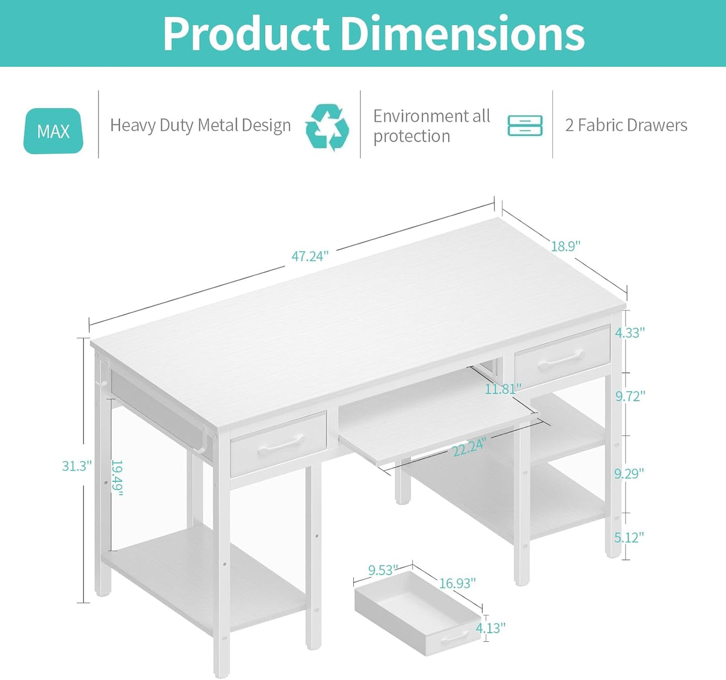 Lufeiya White Desk with Keyboard Tray Slide Out, 47 Inch Home Office Computer Desks with Fabric Drawers & Storage Shelves, Modern Simple Study Writing Table PC Desks for Bedroom, White