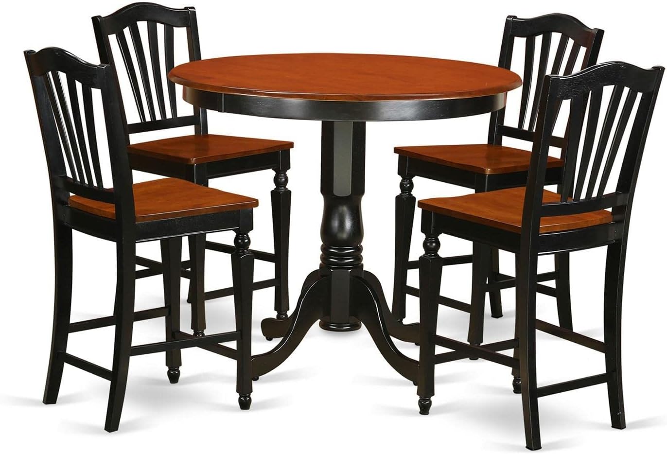East West Furniture TRCH5-BLK-W 5 Piece Counter Height Pub Set Includes a Round Dining Table and 4 Kitchen Dining Chairs, 42x42 Inch, Black & Cherry