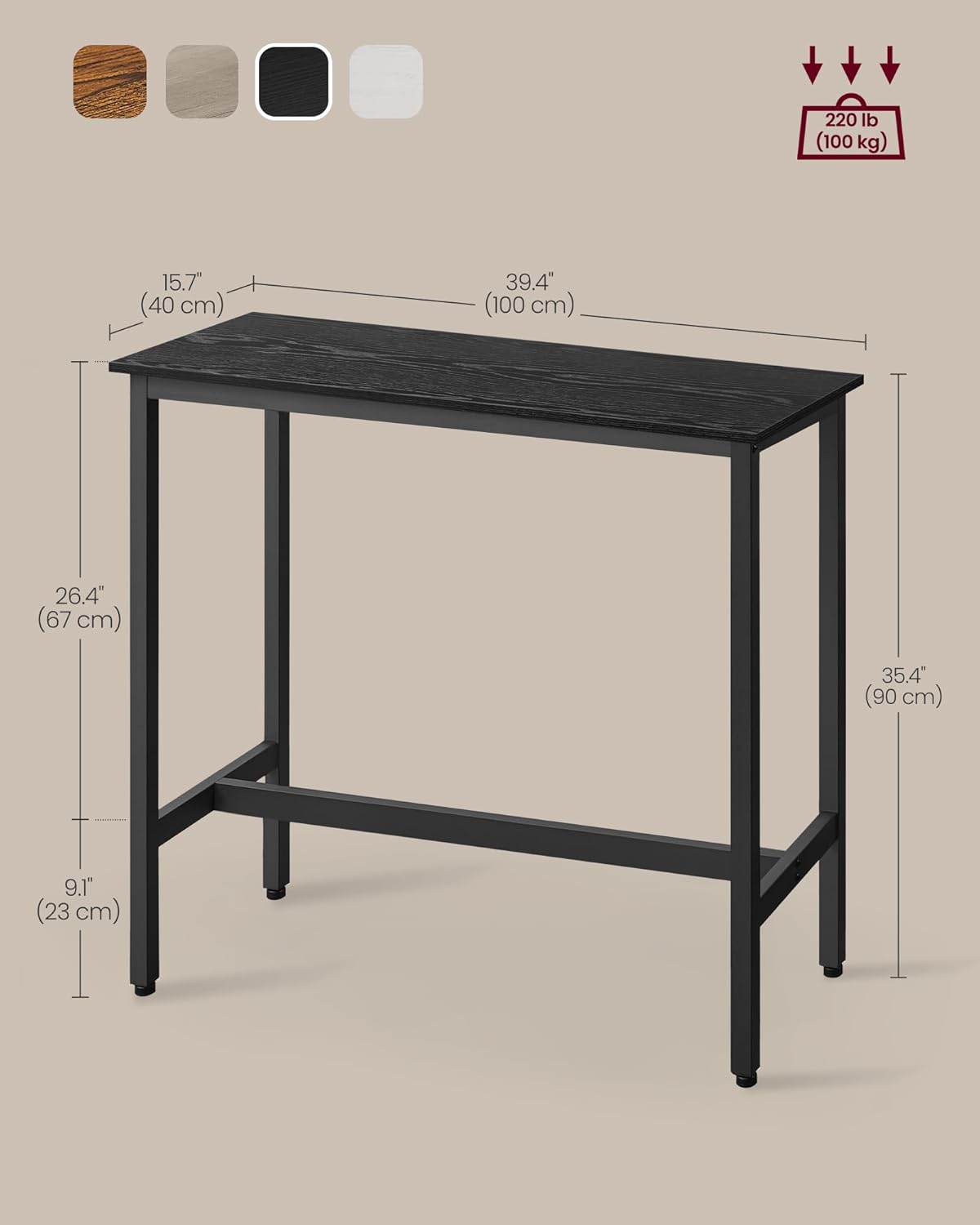 VASAGLE Bar Table, Narrow Long Kitchen Dining Table, Sturdy Metal Frame, Industrial, 15.7 x 39.4 x 35.4 Inches, Ebony Black and Ink Black ULBT010B56
