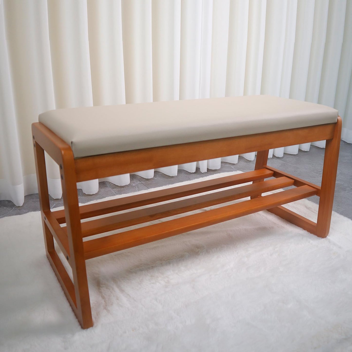 Solid Wood Shoe Rack, 2 Tier Shoe Storage Bench with Cushion Seat, 10 Pair Shoe Organizer for Entryway, Cherrywood, 39 Inch