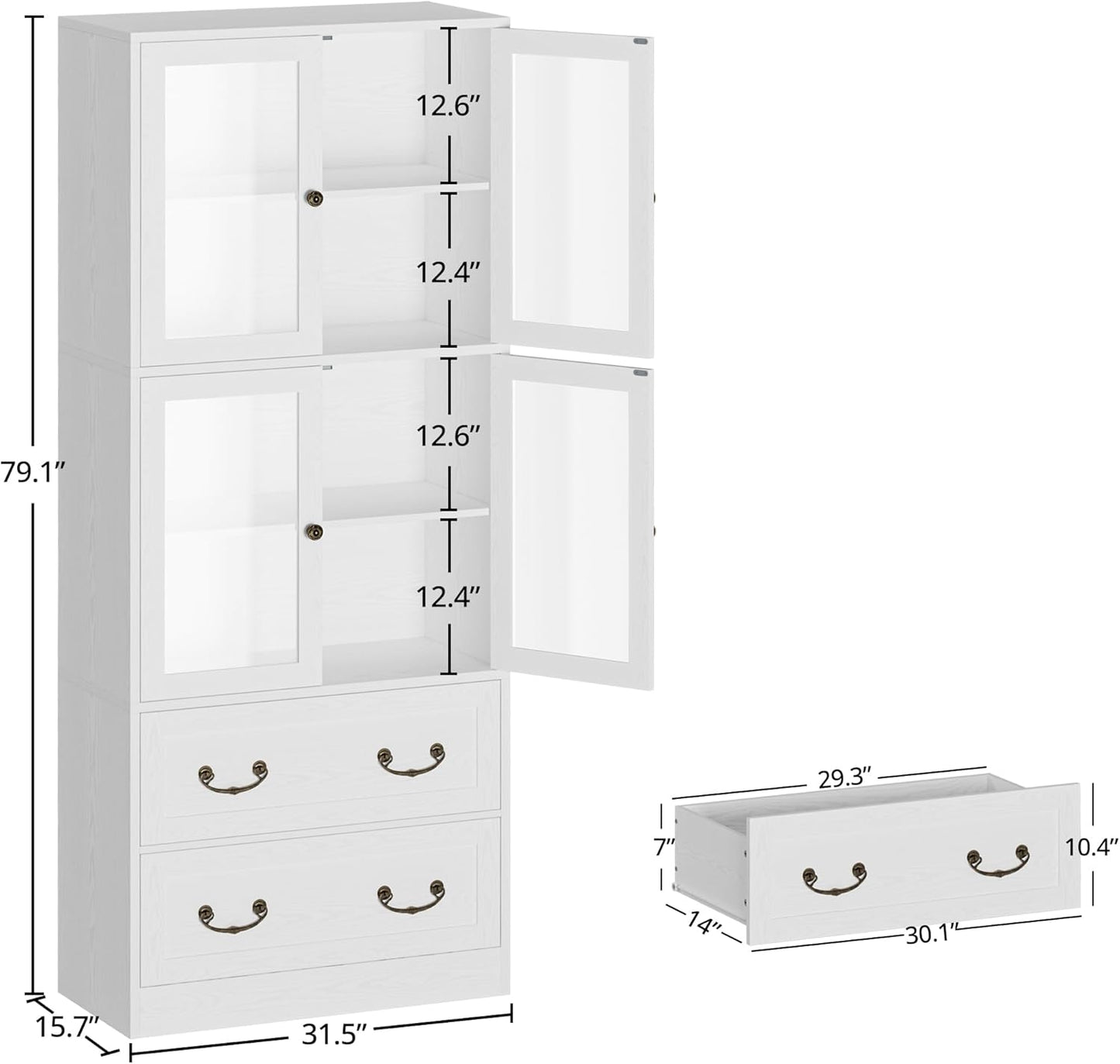 IRONCK Bookshelves and Bookcases, Bookshelf with 2 Drawers, 79.1" Inch Tall Bookshelf, 4 Tier Bookcase with Acrylic Doors, Large Storage Cabinet for Home Office, Living Room, Kitchen