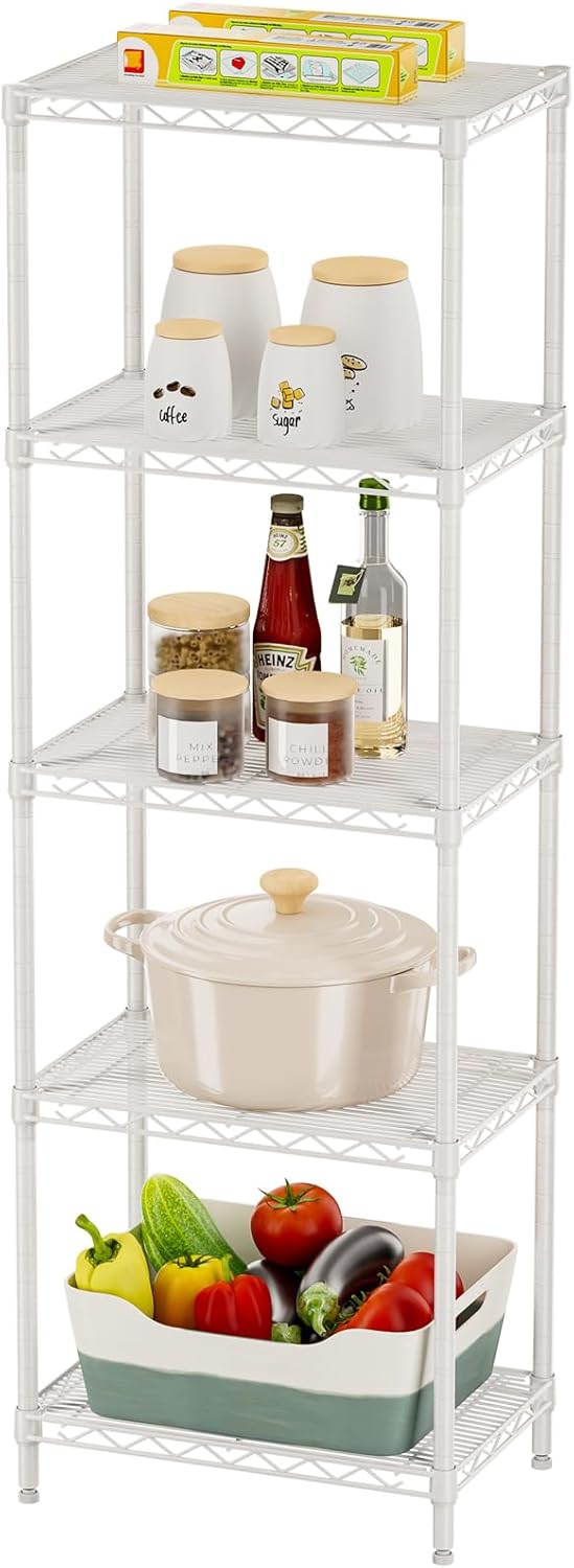 SINGAYE 5 Shelves Storage Shelf Wire Closet Bathroom Organizers Metal Pantry Kitchen Small Garage Shelving Unit Laundry Room Organization Home Corner Rack Estantes para Cocina White 10" Dx16 Wx55”H