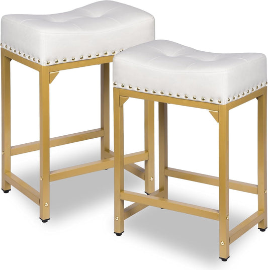 Bar Stools Set of 2, Counter Height Bar Stools for Kitchen Island, 24 Inch Modern White & Gold Saddle Backless Barstools, Counter Stool with Metal Base & Thick Saddle Seats(White+Gold)