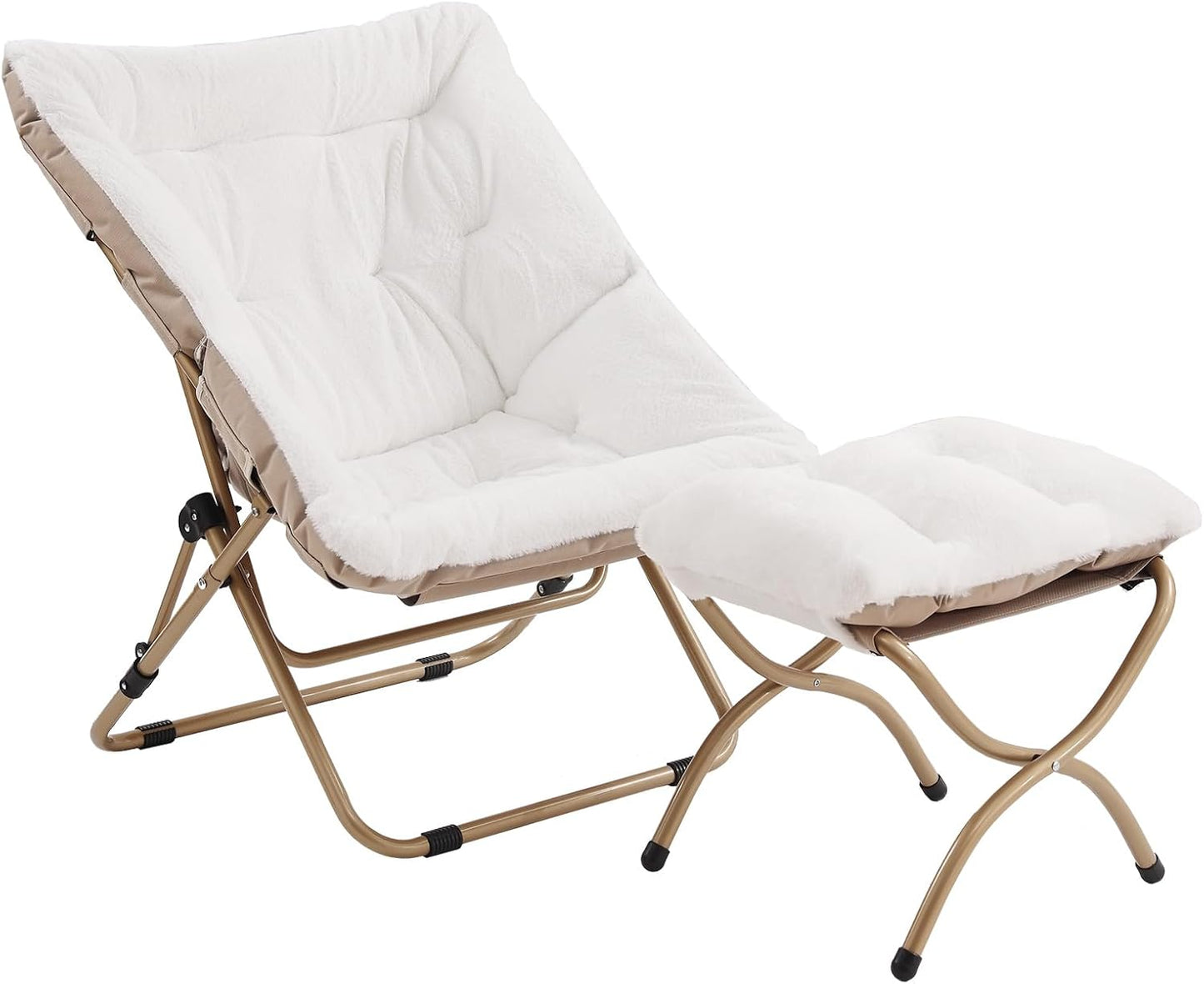 Tiita Folded Chair with Ottoman, Soft Faux Fur Oversized Folding Accent Chair,Lounge Lazy Chair, Metal Frame Moon Chair for Bedroom, Living Room, Dorm Rooms, Garden and Courtyard