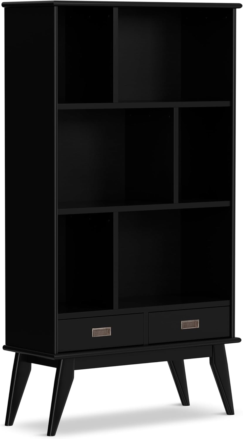 SIMPLIHOME Draper Bookcase - 64 inch Tall Solid Hardwood Wide Storage Bookshelf in Black, Mid-Century Modern Storage for Living Room, Study Room or Office with Adjustable Shelves and Tapered Legs