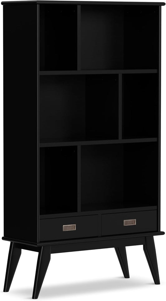 SIMPLIHOME Draper Bookcase - 64 inch Tall Solid Hardwood Wide Storage Bookshelf in Black, Mid-Century Modern Storage for Living Room, Study Room or Office with Adjustable Shelves and Tapered Legs