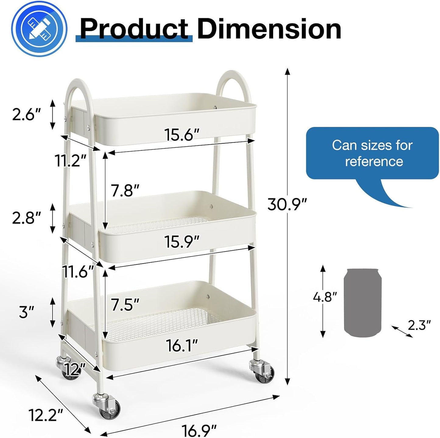 OLIXIS 3 Tier Utility Rolling Cart, Metal Mobile Storage Shelf with Lockable Caster Wheels, Organization for Livingroom, Bathroom, Kitchen, & Narrow Places, White