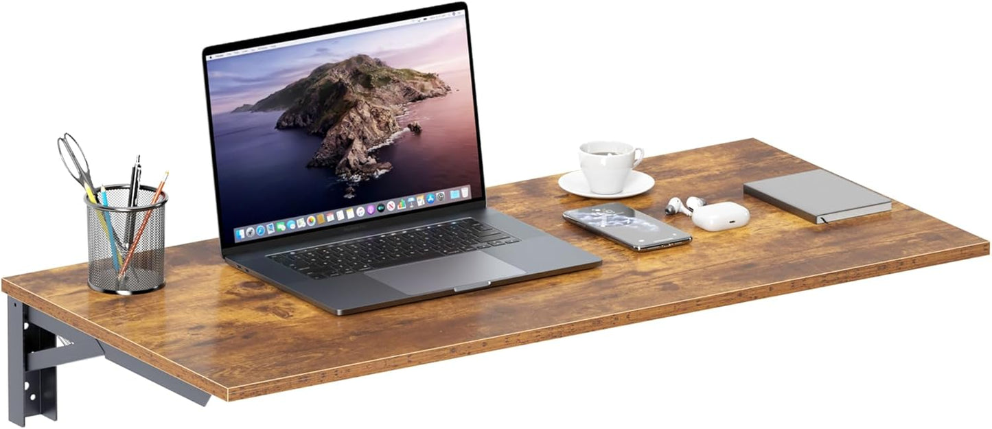 Need Wall Mounted Desk - Heavy Duty Folding Work Table Length 36" Width 20"/Small Space Hanging Desk Perfect Addition to Home/Office/Kitchen & Dining Room Rustic Brown AC15-9050FG-ND