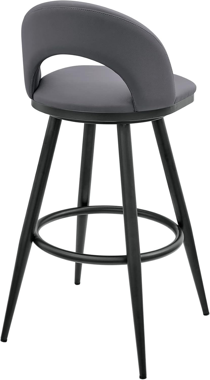 Armen Living Charlotte Swivel Counter Stool in Black Metal and Grey Faux Leather