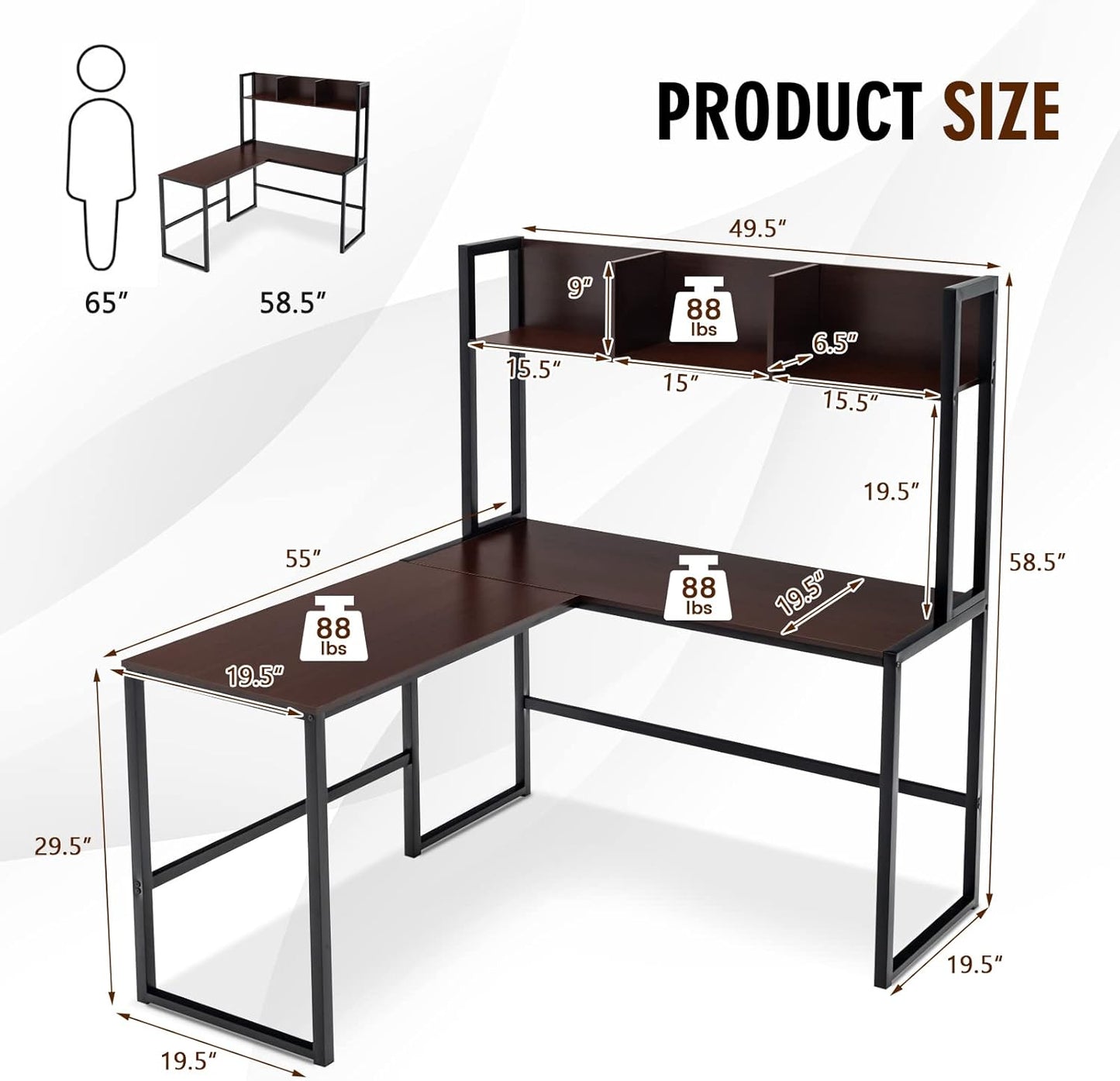 Tangkula Reversible L-Shaped Desk with Hutch, Space Saving Corner Computer Desk with Storage Shelves, Home Office Study Writing Desk Computer Workstation with Storage Bookshelf, Gaming Desk