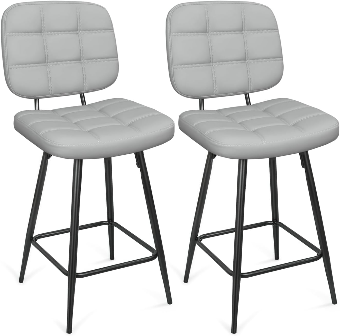 Bar Stools Set of 2, 24 Inch Upholstered Metal Barstool with Back and Footrest, Bar Chair with Metal Base for Dining Room Counter Island, Light Grey