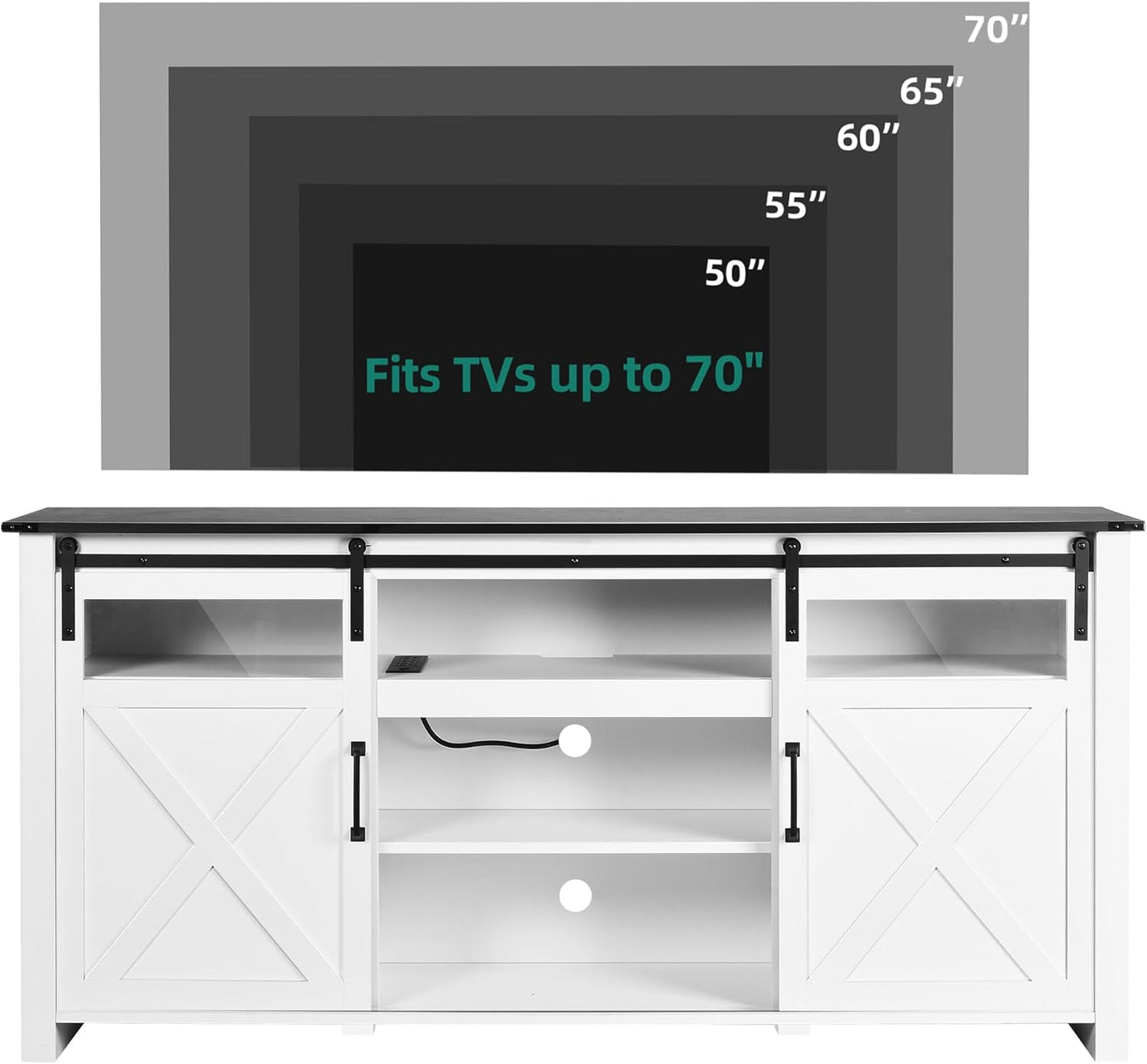 YITAHOME TV Stand for 75 Inch TV with Power Outlets, Farmhouse Entertainment Center with Sliding Barn Doors & Adjustable Shelves, TV Media Console Storage Cabinet for Living Room, Bedroom, White/Black