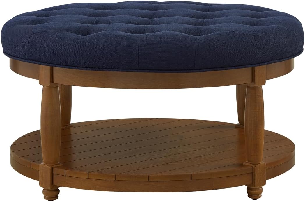 24KF Upholstered Round Coffee Table with Wooden Shelf, Tufted Button Large Round Ottoman with Spindle Wooden Legs, Linen Large Footrest Ottoman Pouf for Living Room, Navy Blue