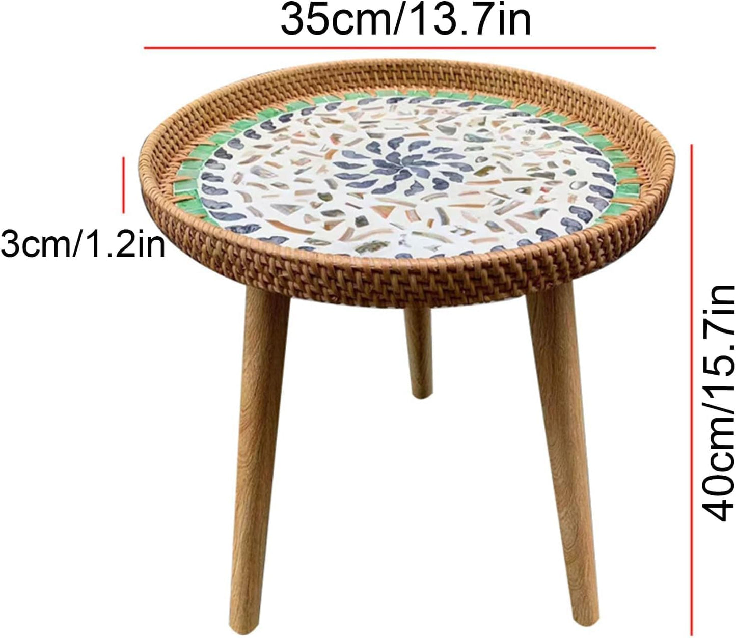 Round Rattan Side Table, Handmade Rattan Tray with 3 Legs, Mother of Pearls Inlay Coffee/Accent Table, Round end/Side Tables for Living Room, Bedrooms, Pedestal Plant Stand for Balcony