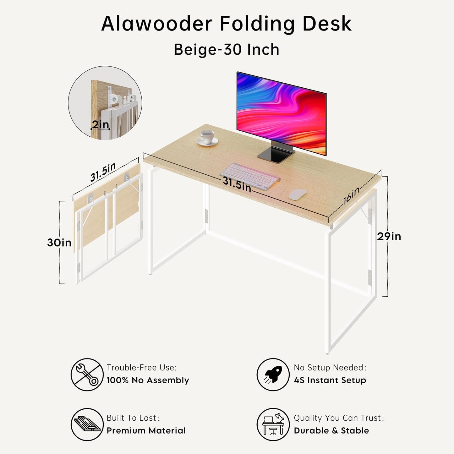 Folding Desk 30 Inch - Small Foldable Desk for Small Space Minimalist, Space Saving Collapsible Compact Desk Portable Table for Craft, Writing, Study and Work (No Assembly Required)