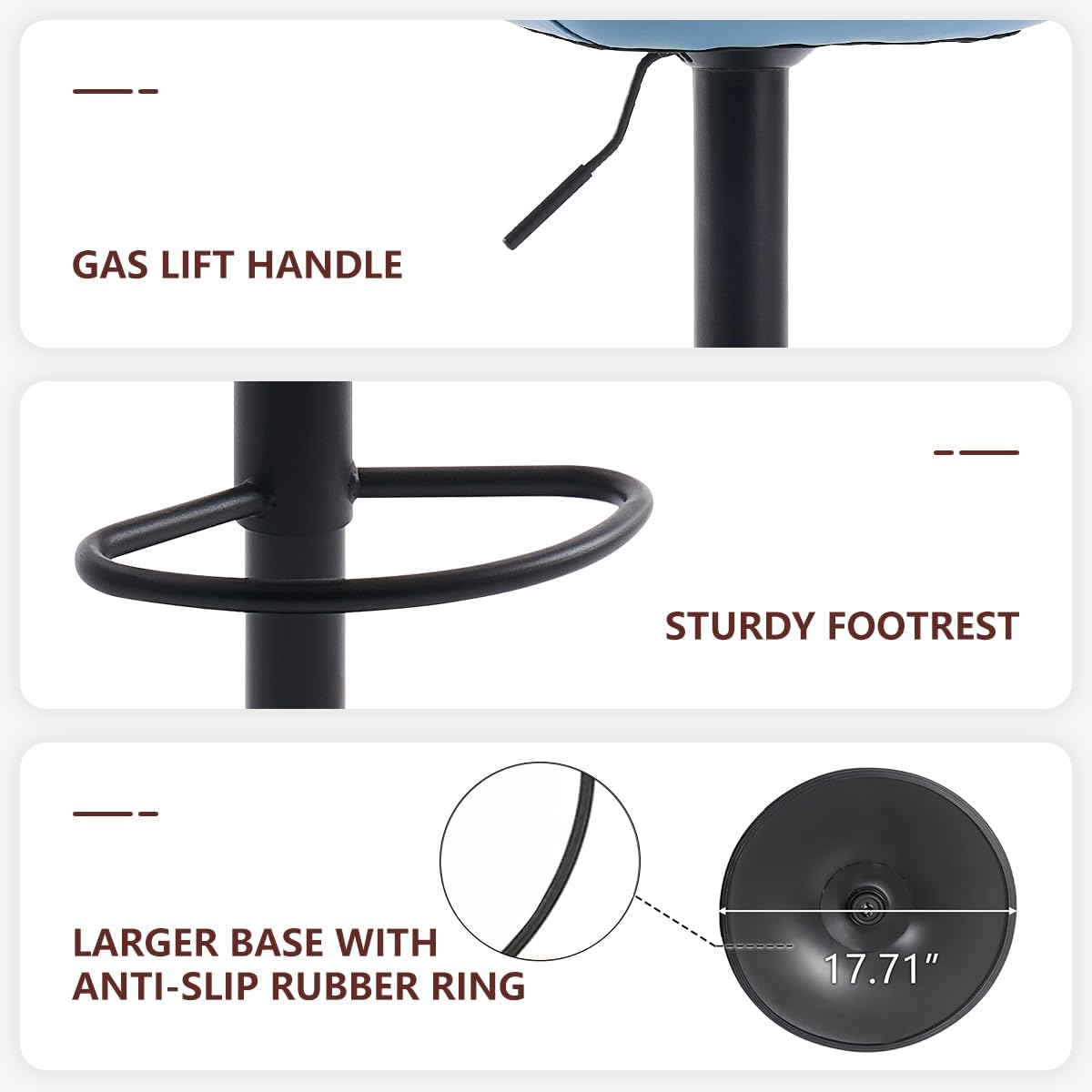 Kidol & Shellder Bar Stools Set of 2 Adjustable Swivel Blue, PU Leather Upholstered with Back, Modern Counter Height Stools for Kitchen Island, Home Bar