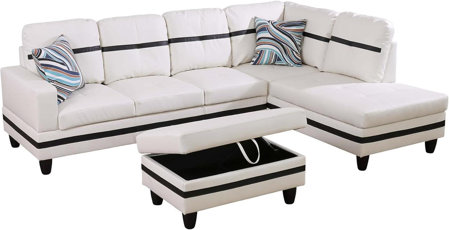 Couches for Living Room PU Leather L Shaped Couch Comfy 3 Pieces Sectional Sofa with Chaise, Ottoman with Storage for Office and Small Apartment, White and Black