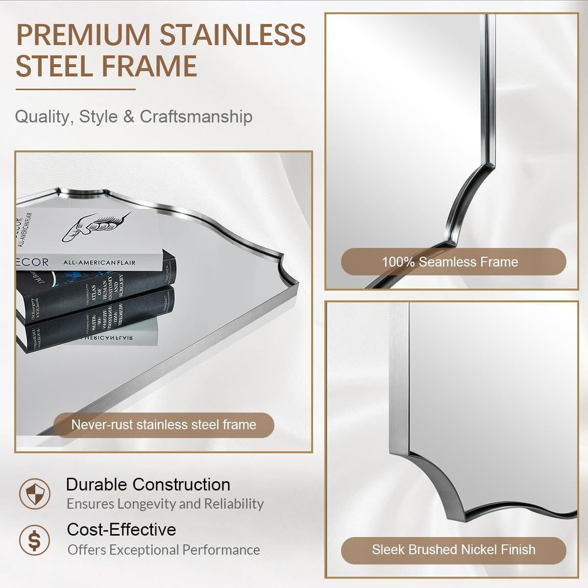 ANDY STAR Brushed Nickel Bathroom Mirror, 28x36 Inch Asymmetrical Wall Mirror, Modern Rectangle Mirror with Unique Wavy Design Ideal for Home Decor, Premium Stainless Steel Metal