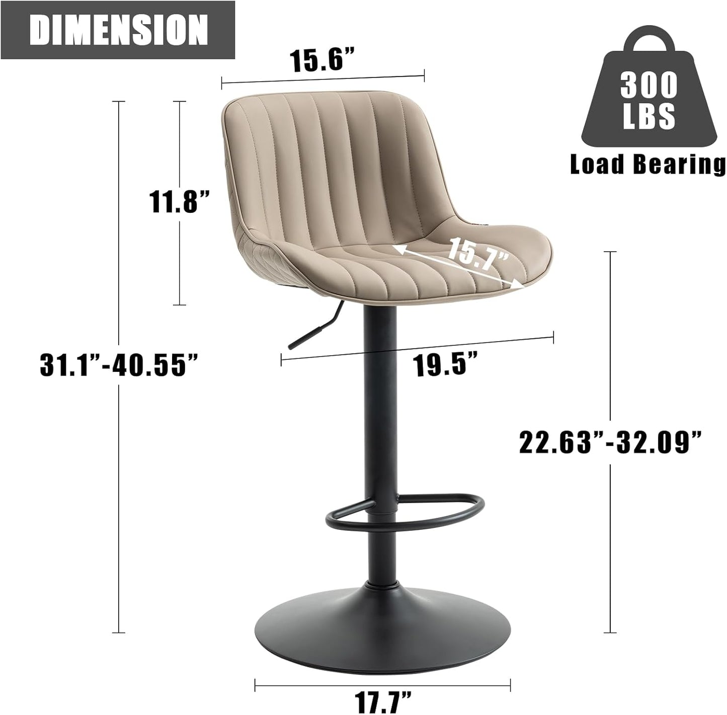 YOUNIKE Khaki White Bar Stools Set of 2 Kitchen Counter Height Barstools Upholstered Swivel Modern Faux Leather Bar Chairs with Backs Adjustable High Breakfast Island Stool with Metal Leg