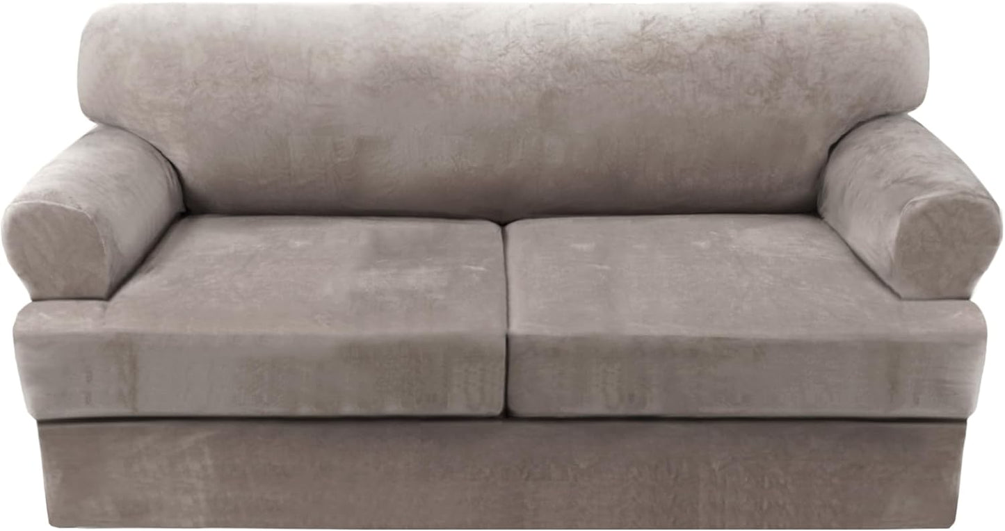 H.VERSAILTEX Sofa Cover 3 Piece T Cushion Sofa Slipcovers Thick Velvet Couch Cover Furniture Protector Stretch T Cushion Sofa Covers for 2 Cushion Couch with 2 T Cushion Covers Washable, Taupe