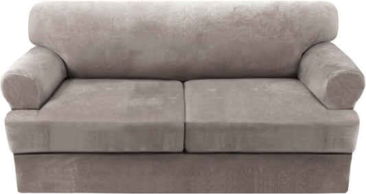 H.VERSAILTEX Sofa Cover 3 Piece T Cushion Loveseat Slipcovers Thick Velvet Couch Cover Furniture Protector Stretch T Cushion Sofa Covers for 2 Cushion Couch with 2 T Cushion Covers Washable, Taupe
