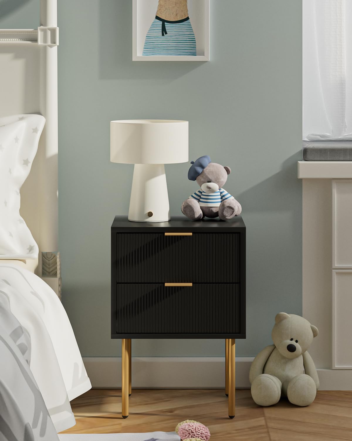 Nightstand,Morden Bedside Table with Gold Frame,Small White Night Stand,End Table,Bedside Furniture,Side Table with Drawer and Shelf for Bedroom,Living Room (2Drawers, Black)