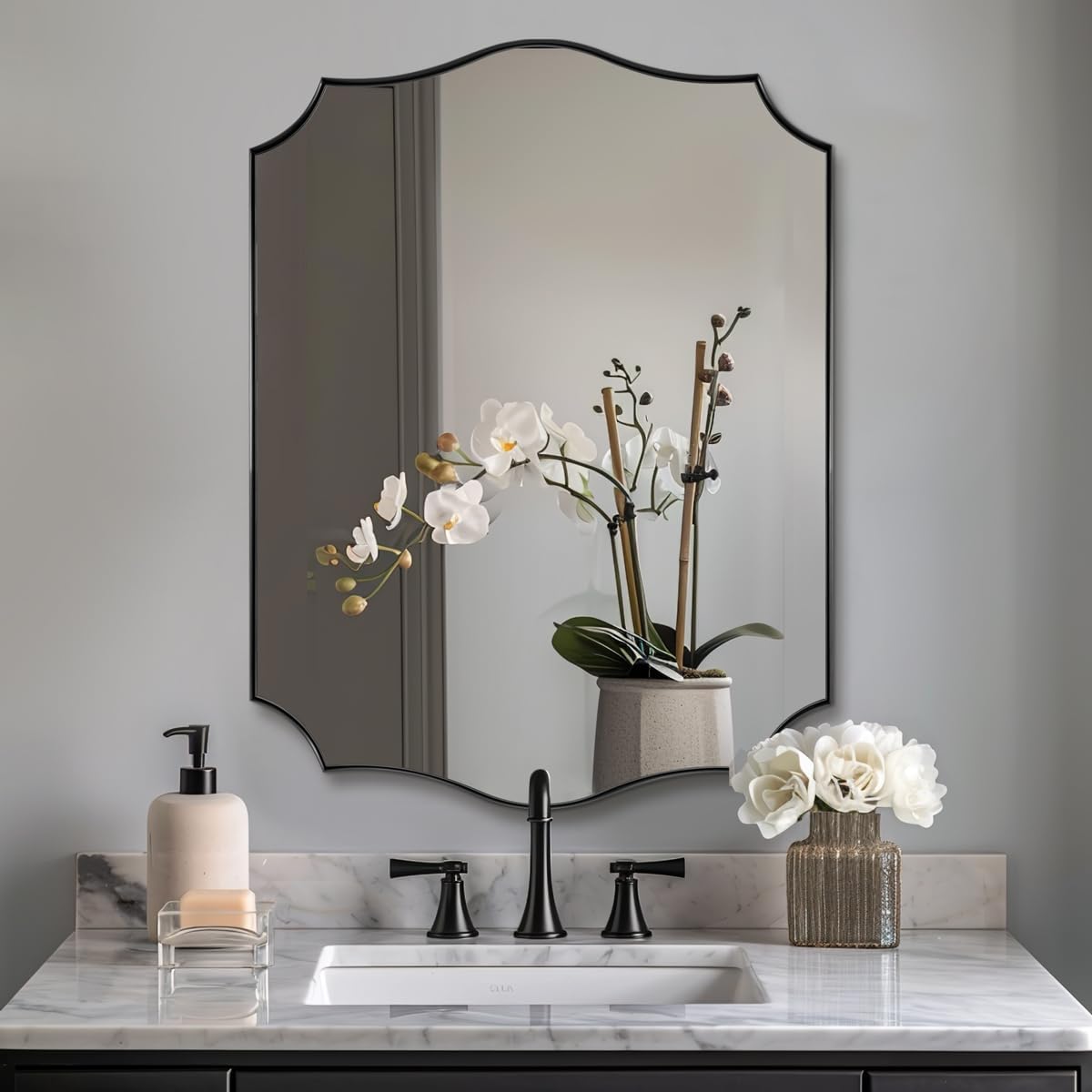 ANDY STAR Matte Black Bathroom Mirror, 24x32 Inch Scalloped Mirror for Bathroom, Black Irregular Mirror in Premium Stainless Steel 1“ Frame, Unique Wavy Shape, Italian Style