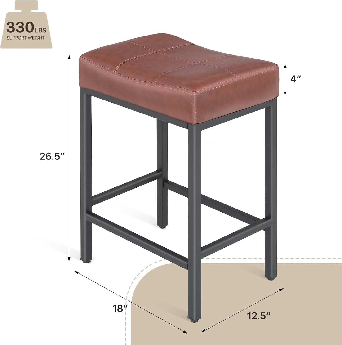 Athena Collection Counter Height Bar Stools Set of 2, 26 Inches Saddle Bar Stools with Leather Upholstered and Metal Legs, Backless Barstools for Counter, Kitchen Island, Dining Room, Mocha