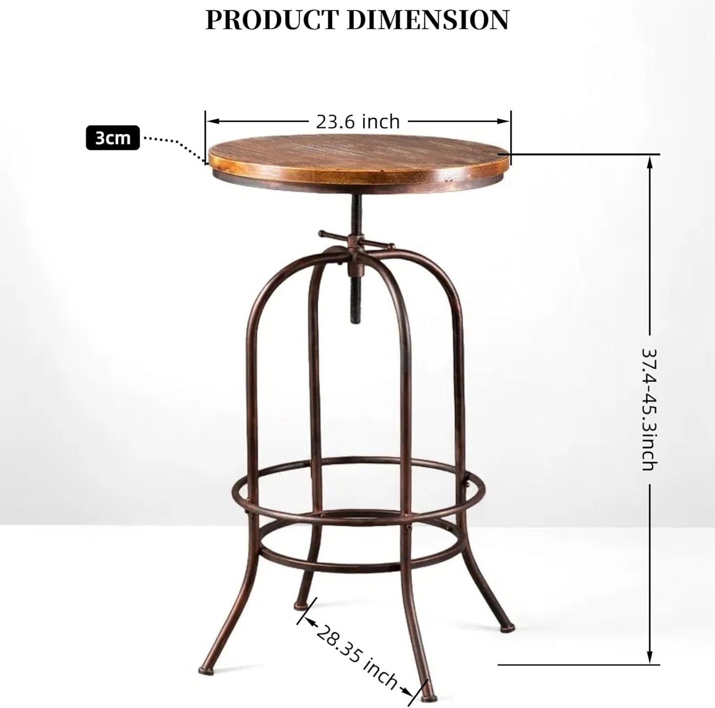 Vintage Bar Table Swivel Industrial Style Pub Table Kitchen Dining Tables Height Adjustable 37.4-45.3inch Coffee Table with Footrest