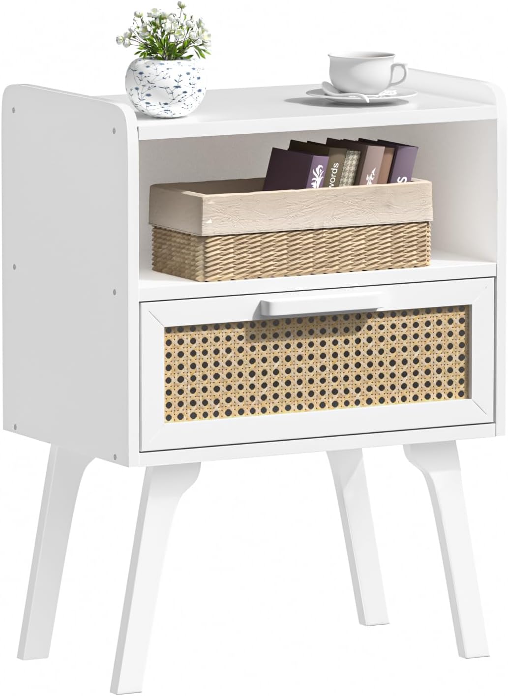 Lerliuo Rattan Nightstand, Bedside Table with Drawer Open Shelf, Cane Accent Side End Table with Solid Wood Legs, White Mid Century Night Stand for Bedroom, Dorm and Small Spaces