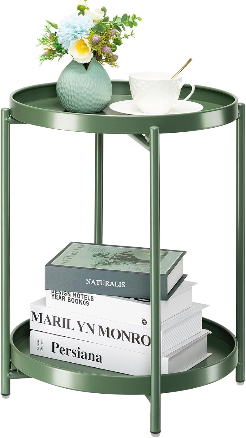 danpinera 2 Tier Metal Side Table with Removable Tray, Folding End Table Outdoor Small Accent Table, Anti-Rust Green Nightstand for Bedroom Balcony Patio, Set of 2 (Dark Green)
