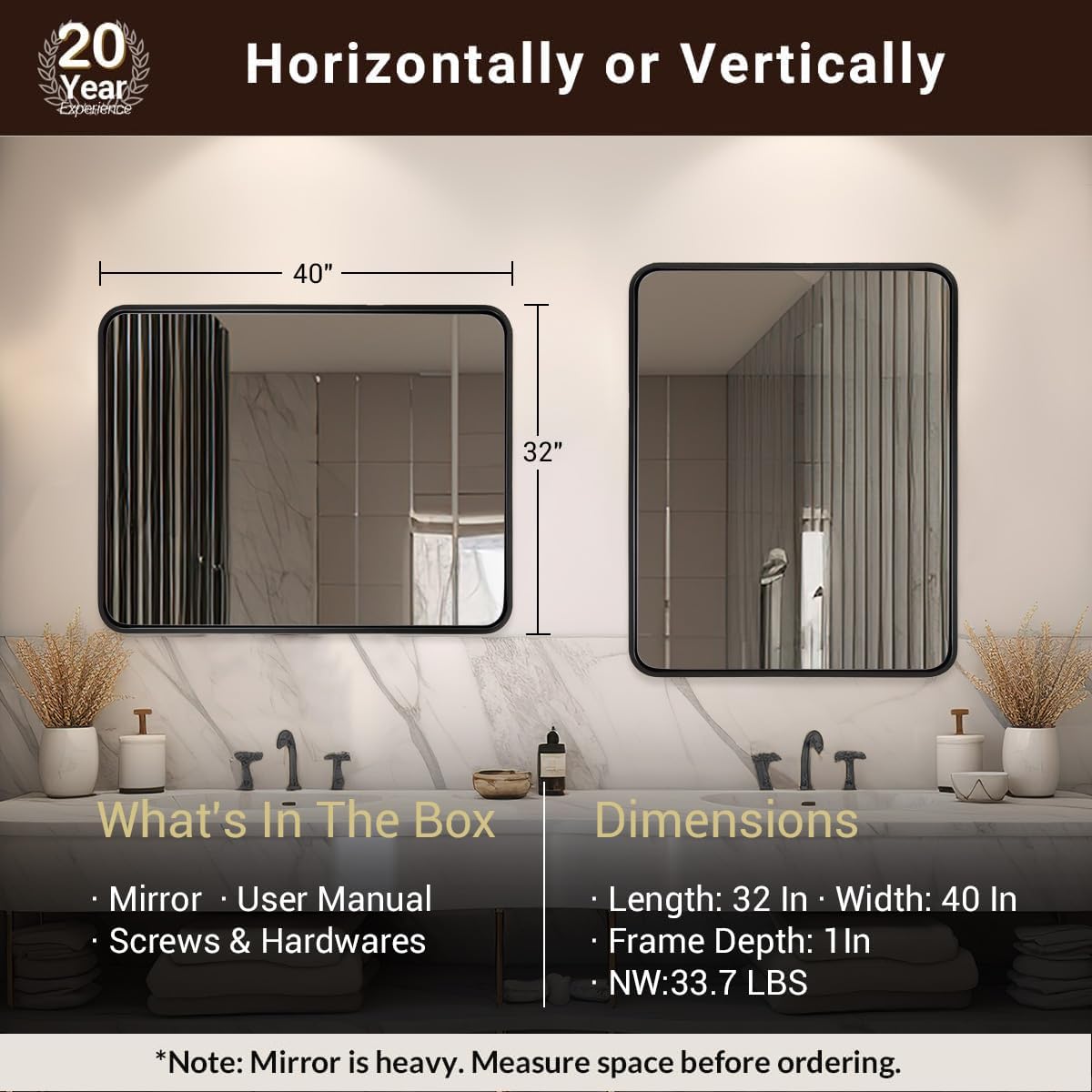 ANDY STAR 40X32 Inch Black Bathroom Mirror, Black Bathroom Vanity Mirrors for Wall, Rounded Rectangle Mirror for Bathroom, Seamless Tube Metal Frame, 1’’ Deep Wall Mounted Vertical/Horizontal