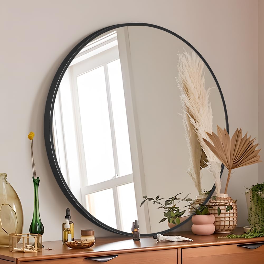 34inch Bathroom Round Mirror,Wall Mounted Vanity Mirror,Steel Frame,Black,Steel Frame