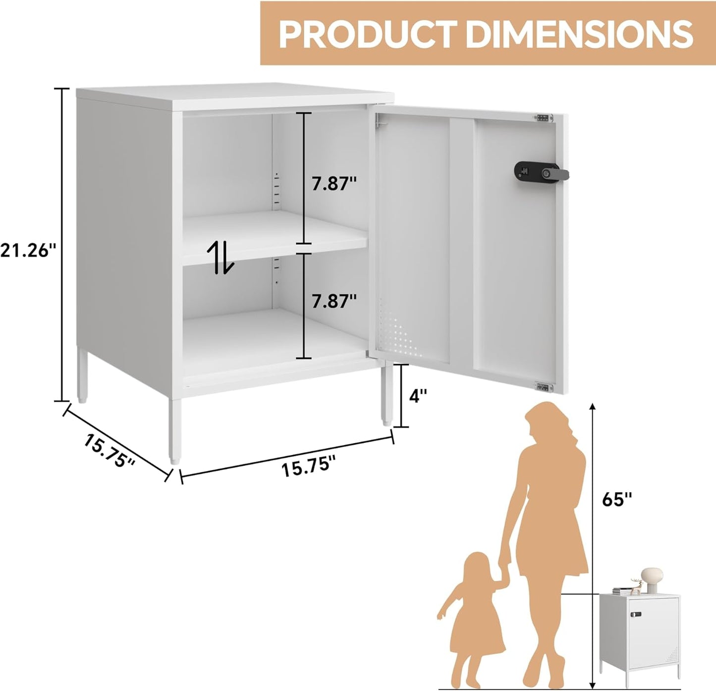 Metal Locker End Table Single Door Nightstand Lockable Bedside Table Storage Cabinet for Bedroom, Dorm, 21.26”H X 15.75”W X 15.75”D (1 Door, White)