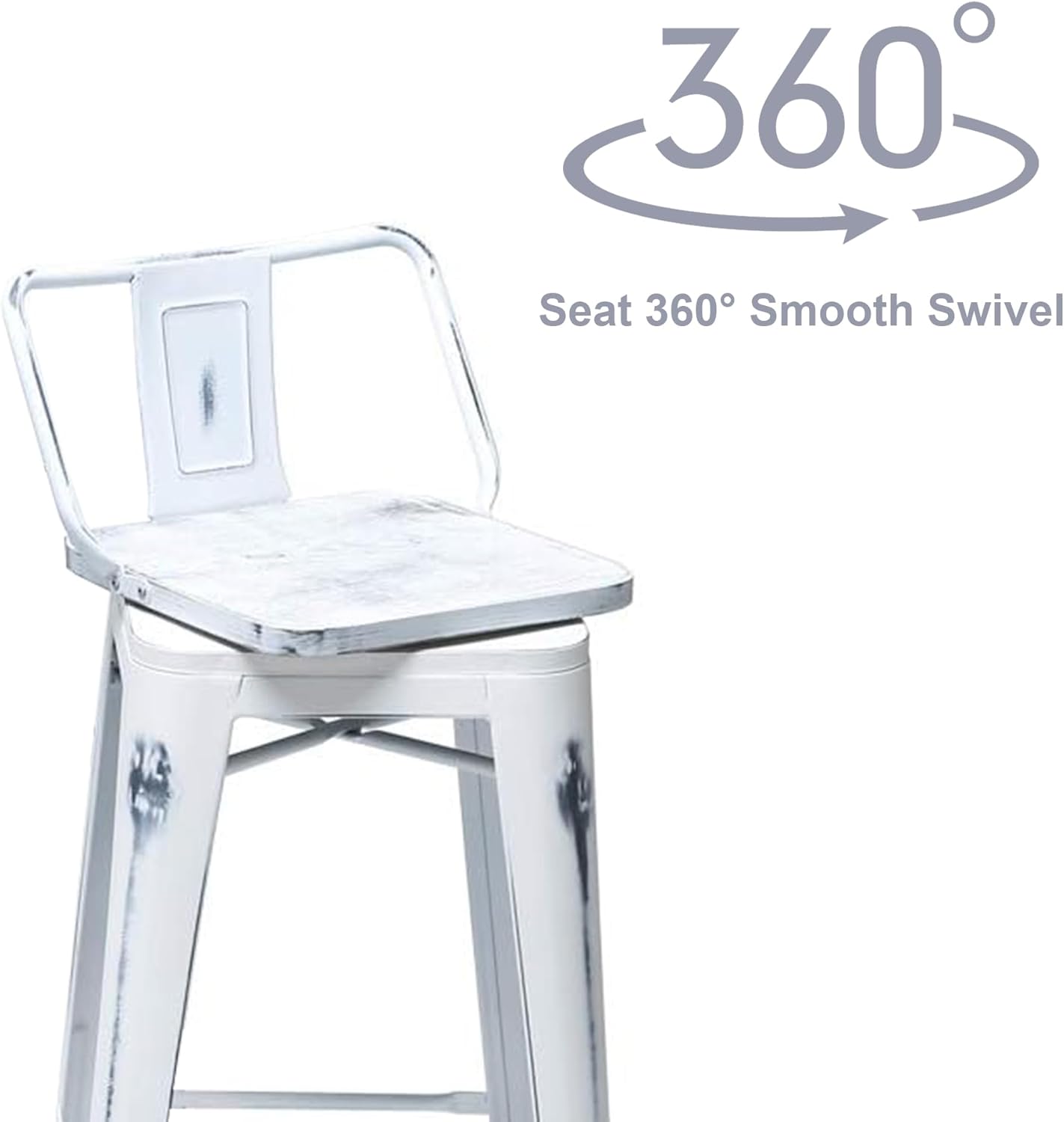 26 Inch Swivel Bar Stools Set of 4 with Backs Counter Height Industrial Metal Barstools Island Bar Chairs for Home Kitchen Dining Room (Swivel 26 inch, Distressed White Wooden)