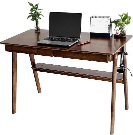 Oak Desk with Drawers, Solid Wood Desk with Bookshelf Small Computer Desk for Small Spaces Mid-Century Modern Wood Writing Desk with 2 Drawers for Home Office 39"