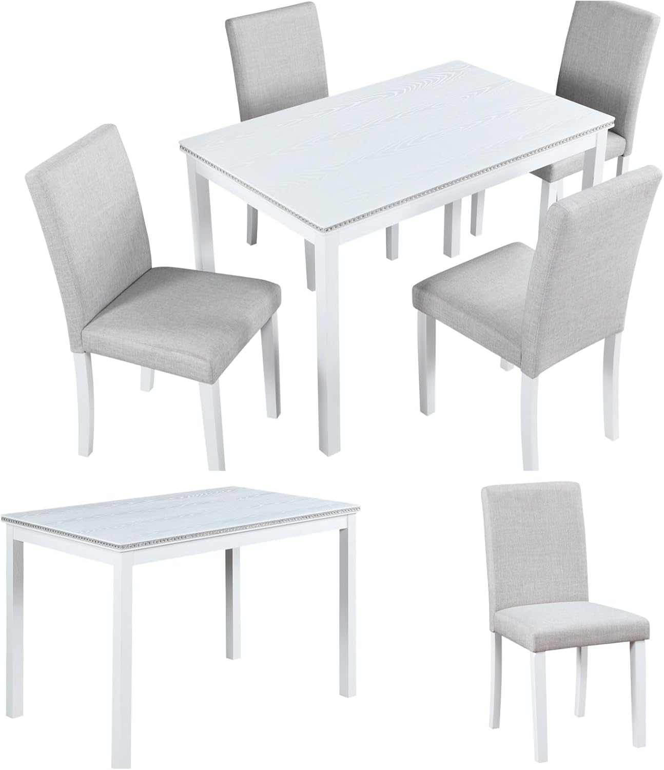 Dining Table Set, 5 Piece Counter Height Table Set with Rectangular Table and 4 Upholstered Chairs, Wooden Dinner Set with Crystal Decoration, Dining Chair with Footrest, Beige&White