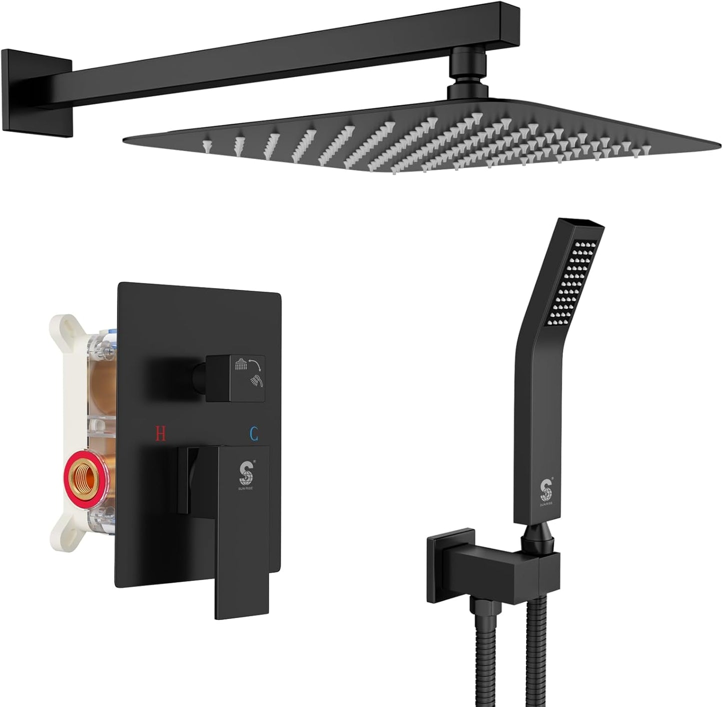 SR SUN RISE 12 Inches Matte Black Shower System 12 Inch Brass Bathroom Luxury Rain Mixer Shower Combo Set Wall Mounted Rainfall Shower Head System Shower Faucet Rough-in Valve Body and Trim Included