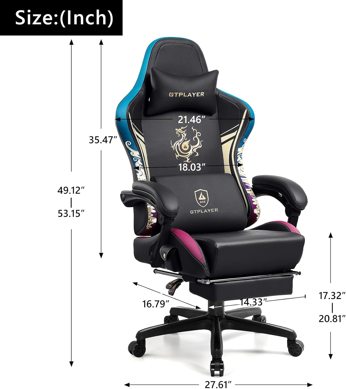 GTPLAYER Gaming Chair with Bluetooth Speakers and Footrest, Dragon Series Video Game Chair ，Heavy Duty Ergonomic Chair，Esports Gaming Chair，Computer Office Desk Chair by GTRACING(Black)