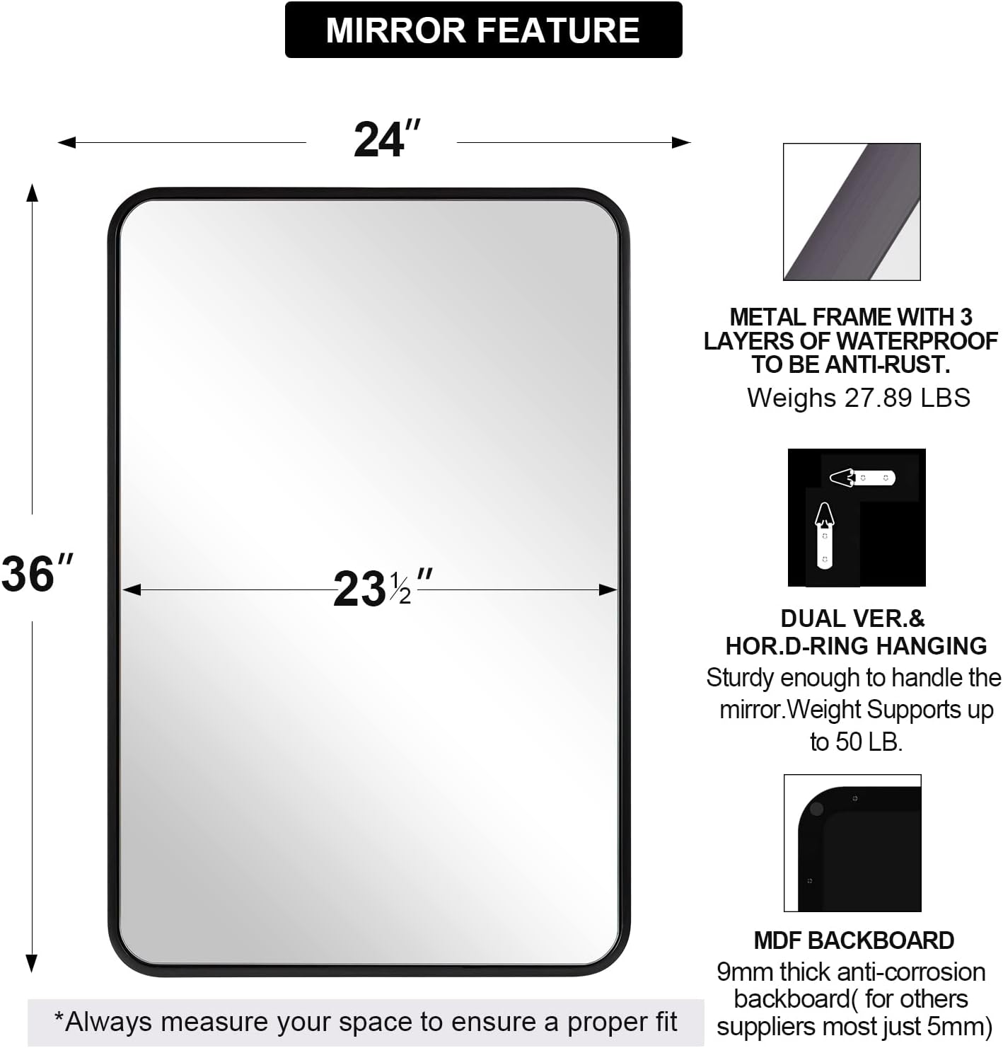 ANDY STAR Mirror for Bathroom 24X36 Inch, Matte Black Mirror Rounded Rectangle Mirror Metal Tube Framed Wall-Mounted Vertically/Horizontally