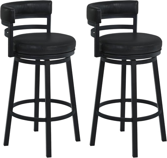 Armen Living Madrid 30" Seat Height Swivel Ford Black Faux Leather and Black Finish Bar Stool for Kitchen Island Counter, Set of 2